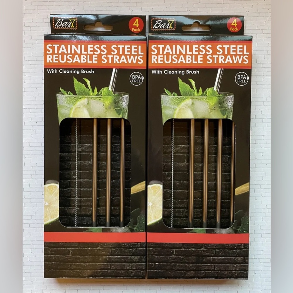 2 Packs Of 4 Stainless Steel Reusable Straws With Cleaning Brush. 10.5” X .25”